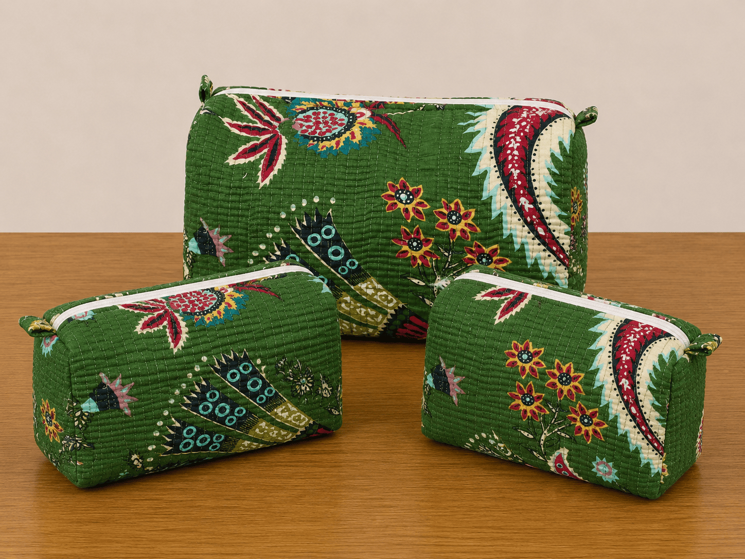 Green Floral Print Set of 3 Pouch